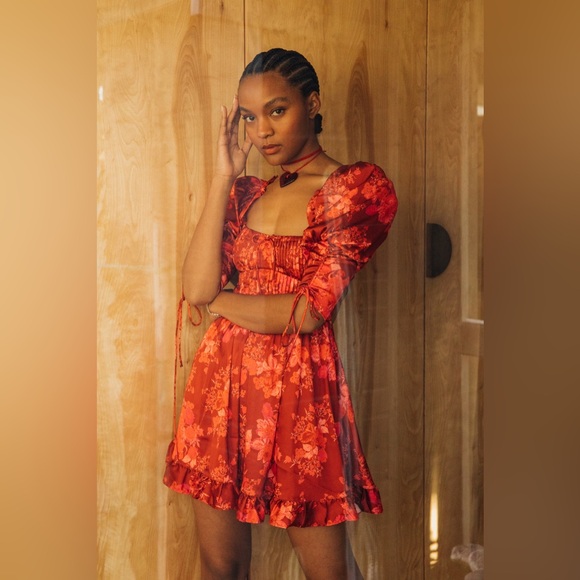 For Love & Lemons Alia Red mini Puff Sleeve Dress size M NWT 245$ - Picture 1 of 10